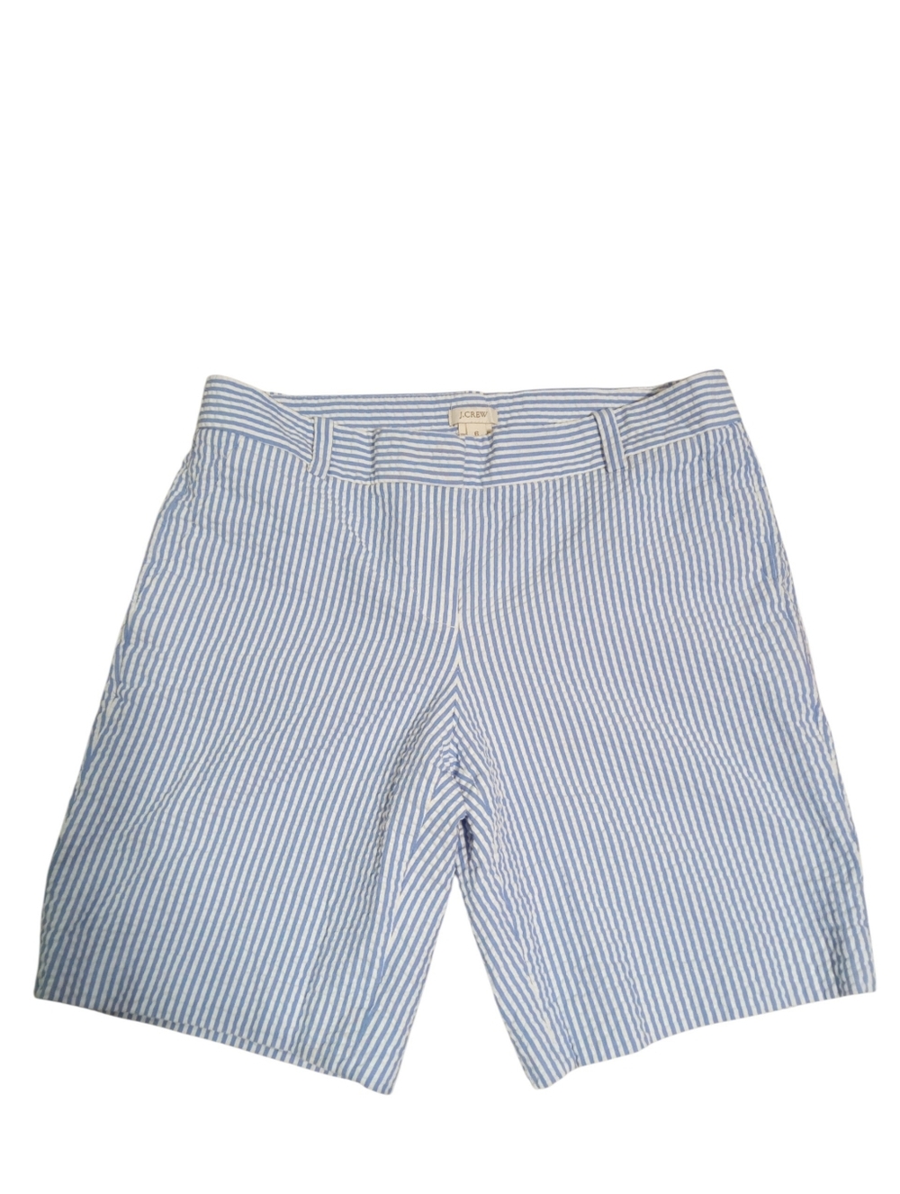 J. Crew Blue White Seersucker Shorts Flat Front Pocket Preppy Coastal Sz 6